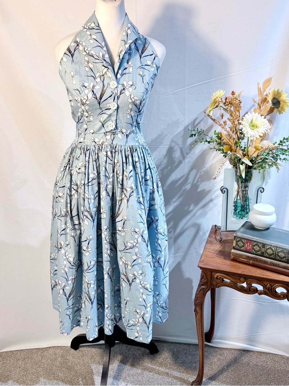 Hearts and Found Floral Button Bodice Halter Fit & Flare Dress Pockets Sz  L💚 - Picture 2 of 10
